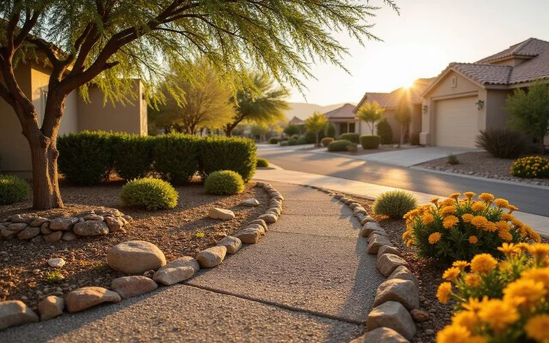 An HOA-approved xeriscape design featuring a palo verde tree and decomposed granite pathways in a Surprise AZ neighborhood