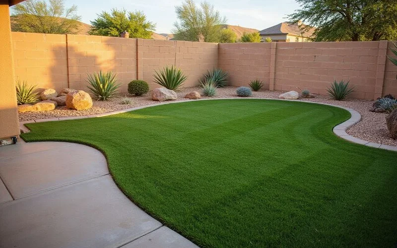 Completed artificial turf installation in a Surprise Arizona backyard with clean edges and desert landscaping border
