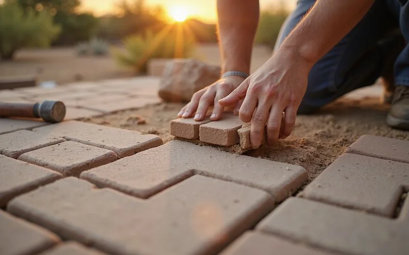 Precision paver cutting and pattern laying during professional installation in Surprise AZ