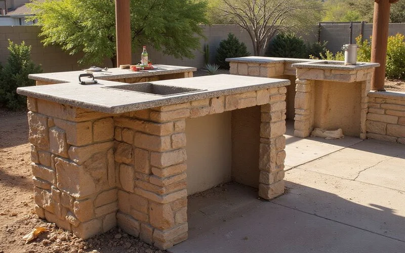 Custom stone veneer outdoor kitchen island under construction in Surprise Arizona