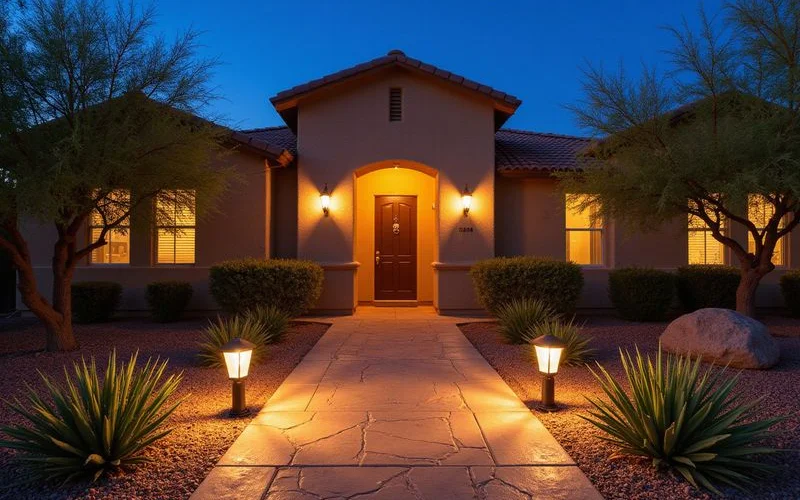 Path lighting along a paver walkway leading to the front entrance of a Surprise Arizona home