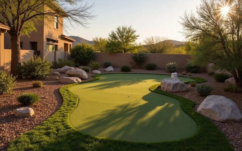 A finished backyard putting green illuminated by landscape lighting with native desert plants along the border at sunset