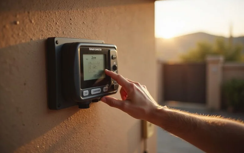 A homeowner programming a WiFi smart irrigation controller mounted on a garage wall showing zone schedules for an Arizona yard