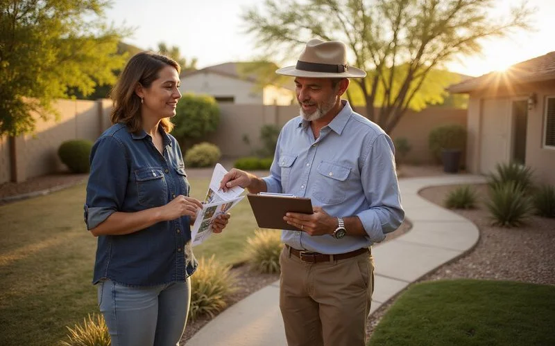 Landscape designer consulting with homeowner about xeric plant options at a Surprise Arizona home