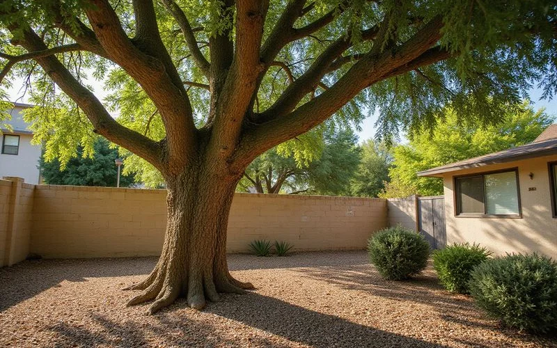 A mature palo verde tree casting filtered shade over a decomposed granite landscape in a Phoenix area residential yard