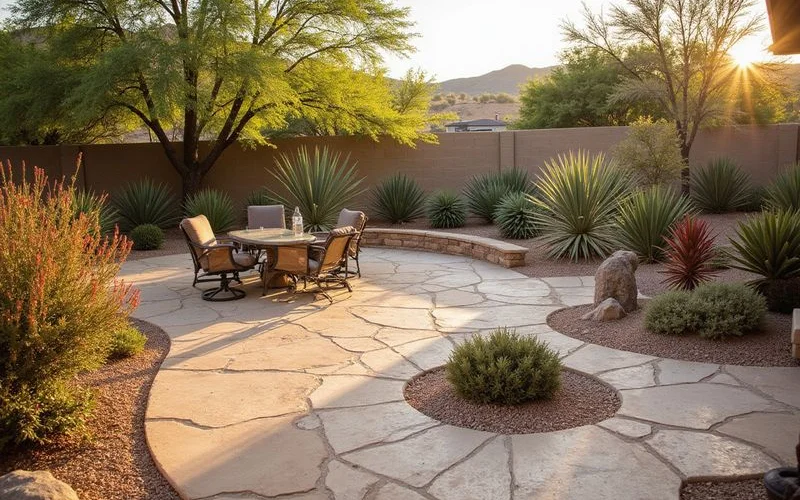A natural flagstone patio with decomposed granite joints and native plantings creating a desert oasis in Phoenix AZ
