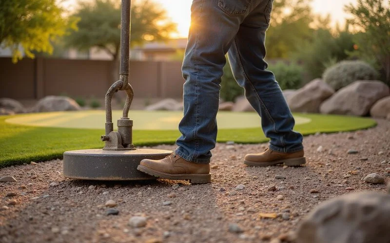 A professional installer compacting the crushed granite sub-base layer for a putting green in a Surprise Arizona backyard