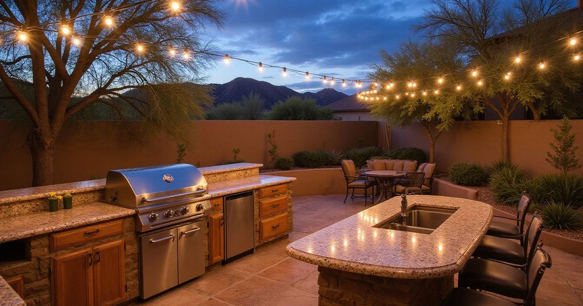 A luxury outdoor kitchen featuring granite countertops, built-in grill, and bar seating in an Arizona backyard at dusk