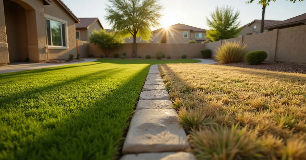 Side-by-side comparison of artificial turf and natural grass sections in an Arizona backyard