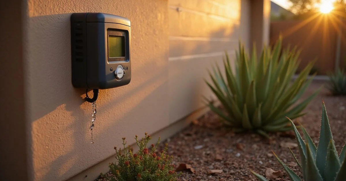 A smart irrigation controller and drip system watering desert plants efficiently in an Arizona landscape at sunrise