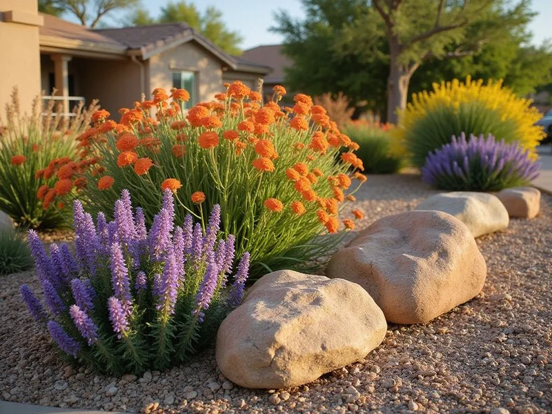 Finished front yard landscape design with xeric plants and boulder accents in Surprise AZ