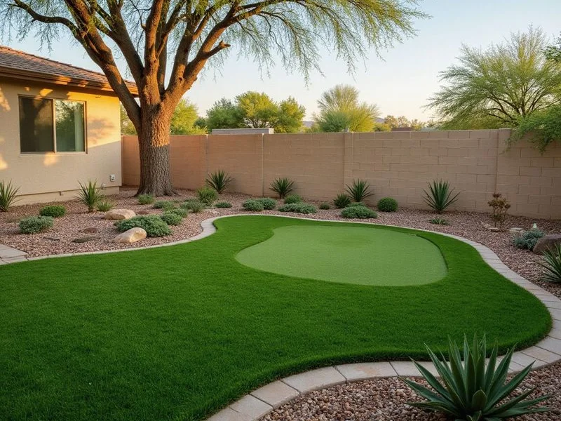 Lush green artificial turf backyard with clean borders and putting green area in Surprise AZ