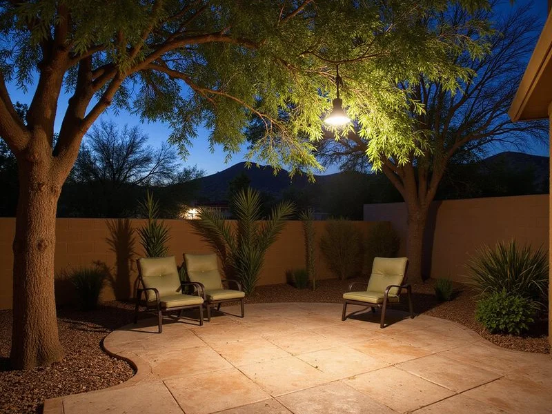 Moonlighting technique with soft downlight from tree canopy creating shadow patterns on patio