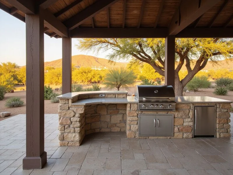 Outdoor kitchen under shade structure with stainless steel appliances and stone veneer base in Arizona
