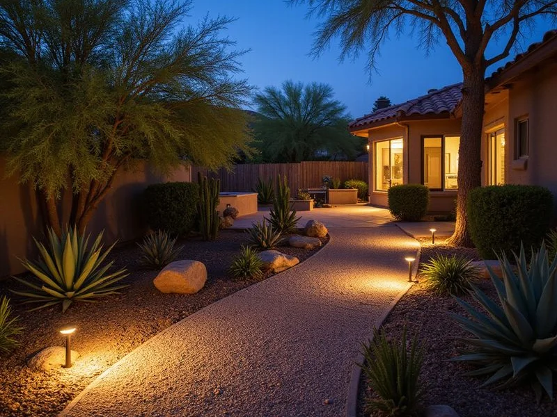 Path lights illuminating a decomposed granite walkway through a desert garden in Surprise AZ
