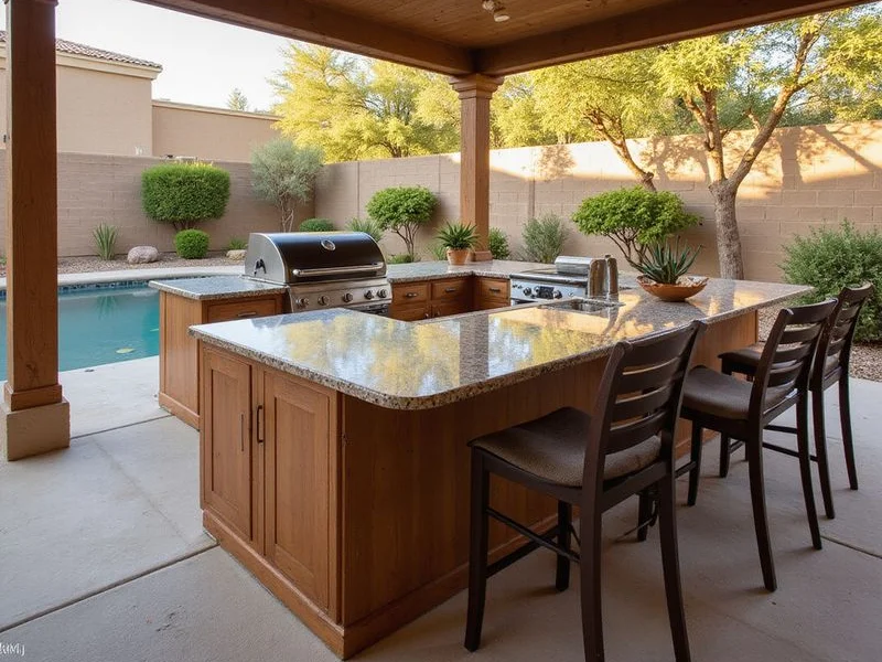 Outdoor kitchen island with granite countertops and built-in grill with bar seating in Surprise AZ