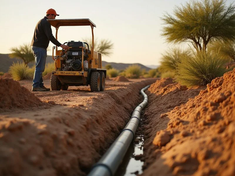 Trenching machine cutting channel for new PVC irrigation pipe installation in Surprise AZ
