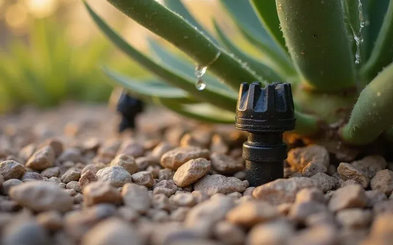 Close-up of drip irrigation emitters watering the base of desert plants in a decomposed granite landscape bed in Arizona