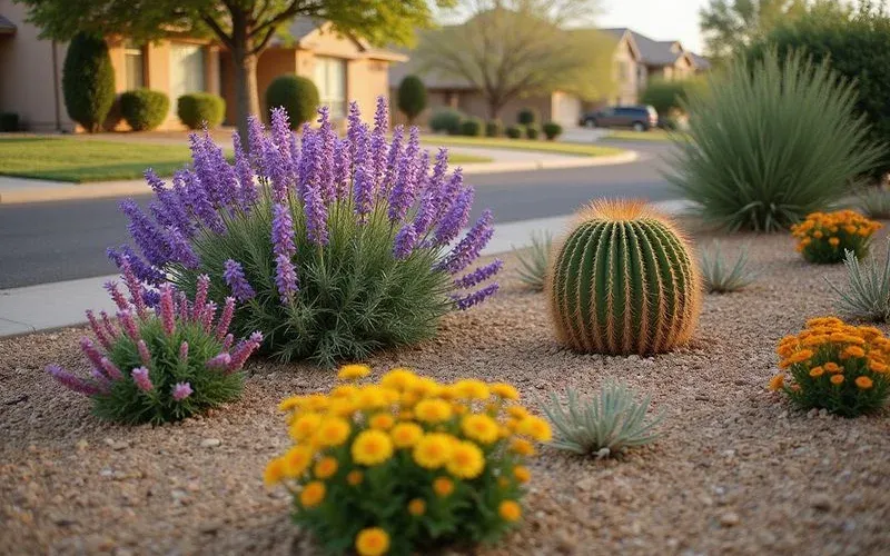 A colorful desert garden bed featuring Texas sage, desert marigold, and barrel cactus in a Surprise Arizona front yard