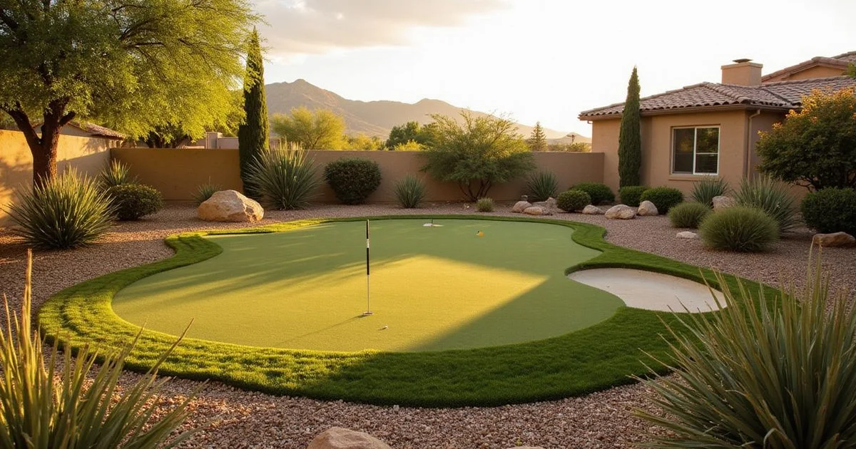 A custom backyard putting green with multiple holes and decorative sand trap installed in an Arizona desert home landscape