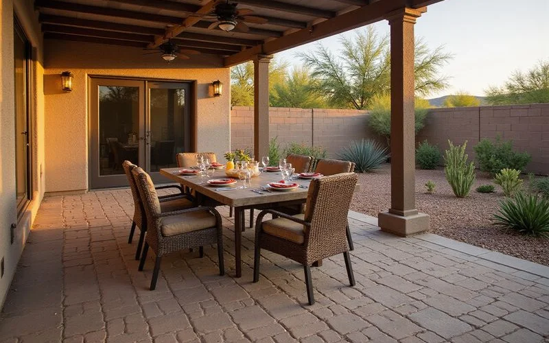 A herringbone pattern concrete paver patio with outdoor dining table and pergola in a Surprise Arizona backyard