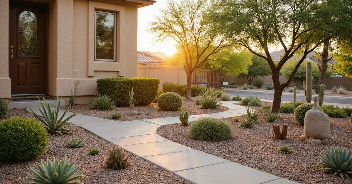A beautifully xeriscaped front yard in a Maricopa County HOA community with native desert plants and decorative gravel