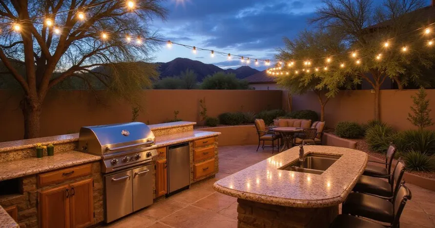 A luxury outdoor kitchen featuring granite countertops, built-in grill, and bar seating in an Arizona backyard at dusk