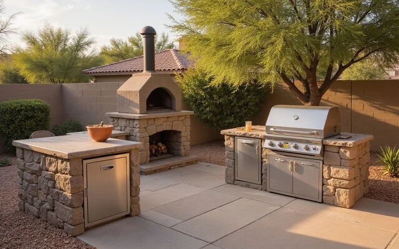 A modern outdoor kitchen island with stainless steel appliances, pizza oven, and natural stone veneer in Surprise AZ