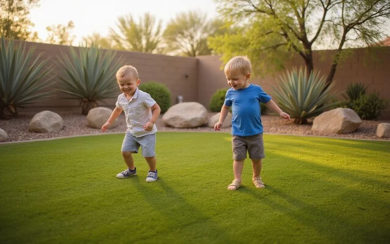 Children playing on a freshly installed premium artificial turf lawn in an Arizona backyard