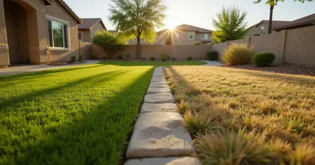 Side-by-side comparison of artificial turf and natural grass sections in an Arizona backyard
