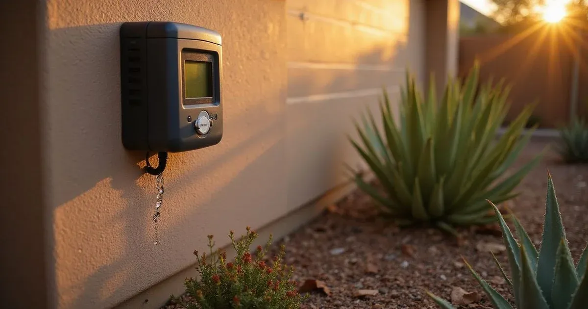 A smart irrigation controller and drip system watering desert plants efficiently in an Arizona landscape at sunrise