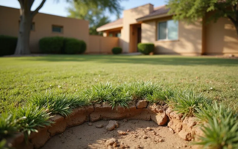 A natural grass lawn struggling with brown patches and water stress during a Phoenix Arizona summer